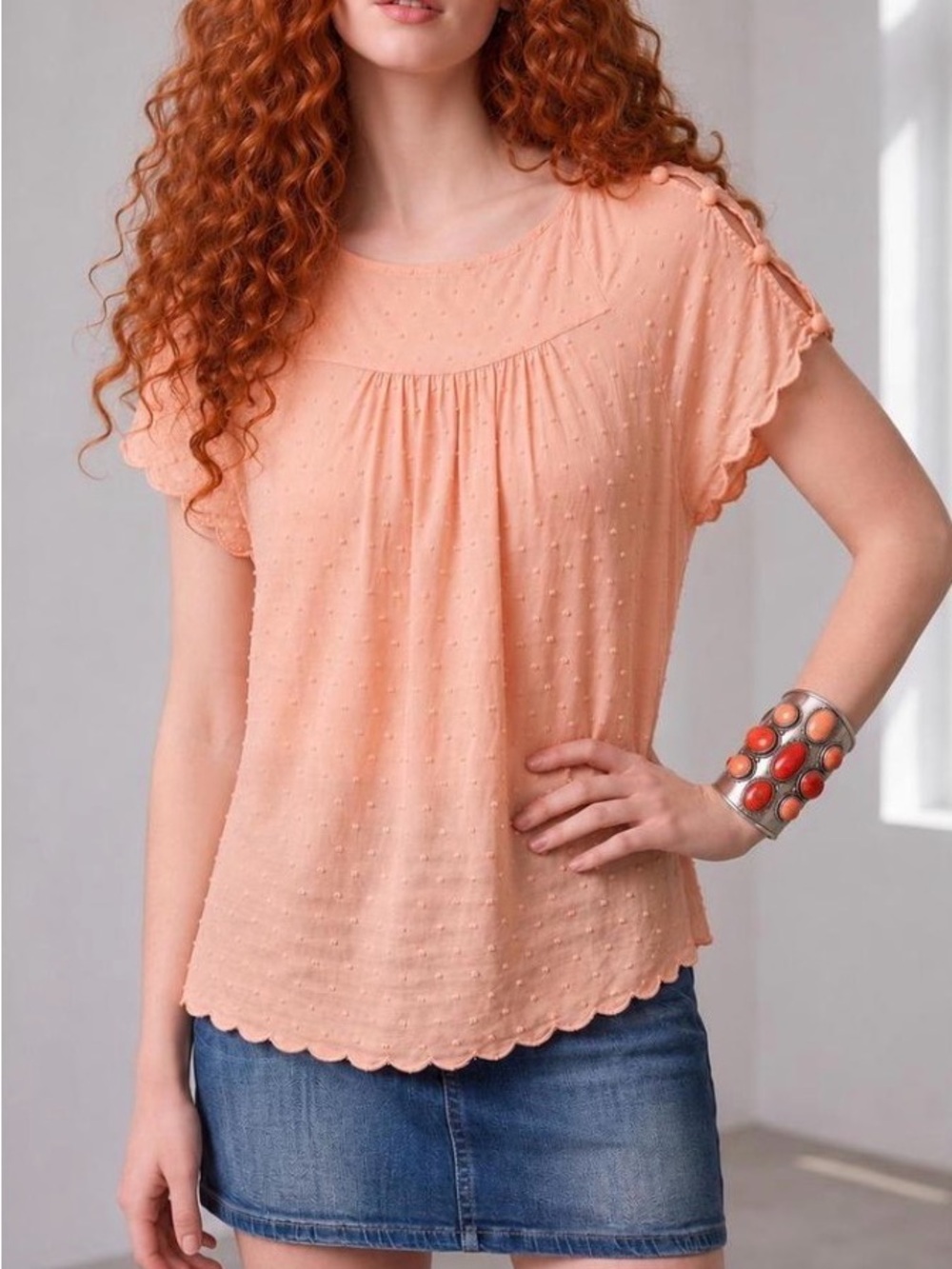 Mauve Peach Swiss Dot Flutter Sleeve Top